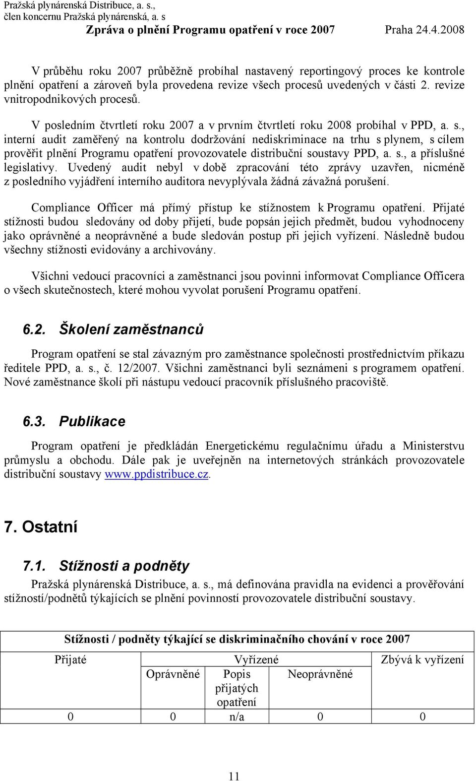 , interní audit zaměřený na kontrolu dodržování nediskriminace na trhu s plynem, s cílem prověřit plnění Programu opatření provozovatele distribuční soustavy PPD, a. s., a příslušné legislativy.