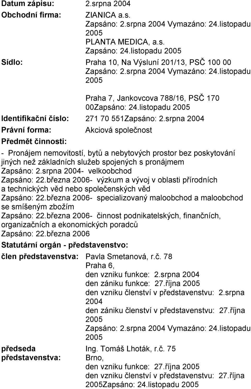 listopadu 2005 Identifikační číslo: 271 70 551Zapsáno: 2.