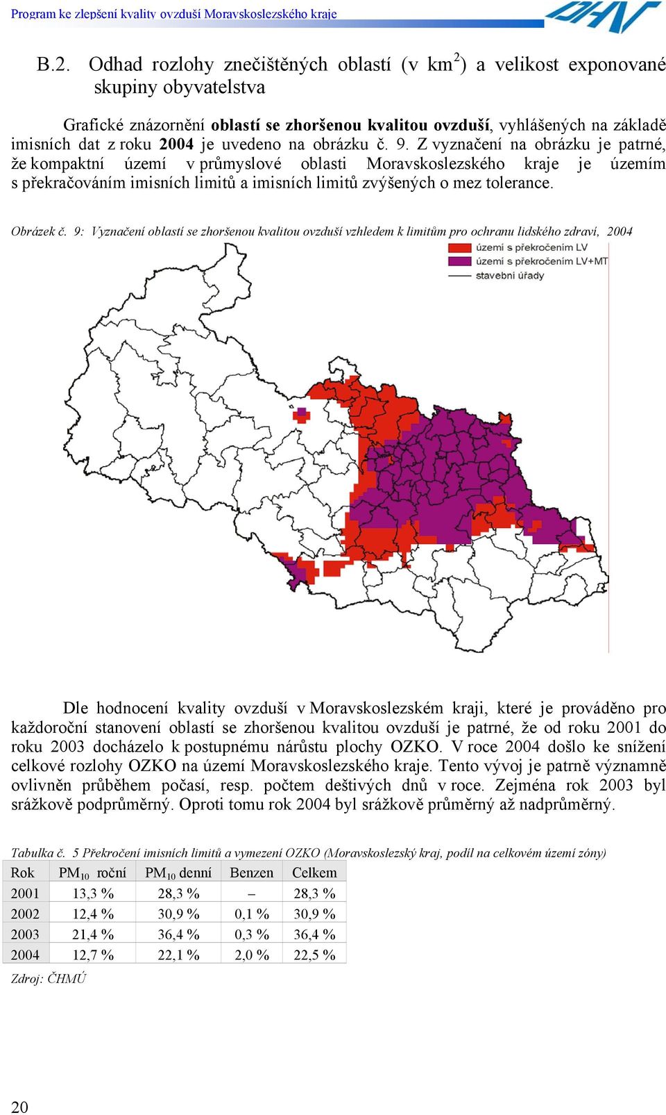 Z vyznačení na obrázku je patrné, že kompaktní území v průmyslové oblasti Moravskoslezského kraje je územím s překračováním imisních limitů a imisních limitů zvýšených o mez tolerance. Obrázek č.