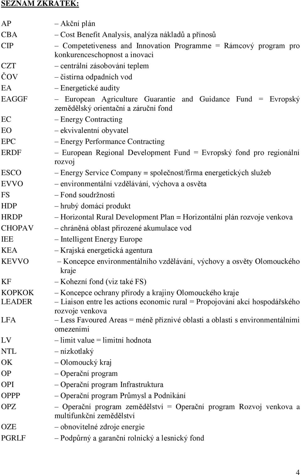 Agriculture Guarantie and Guidance Fund = Evropský zemědělský orientační a záruční fond Energy Contracting ekvivalentní obyvatel Energy Performance Contracting European Regional Development Fund =