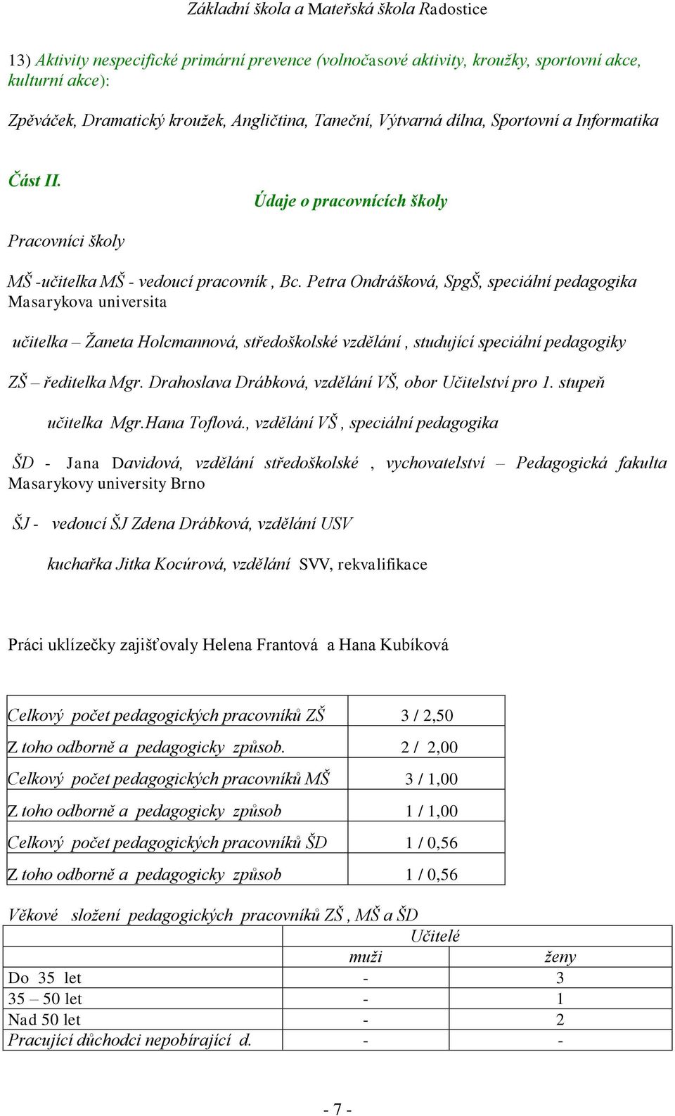 Petra Ondrášková, SpgŠ, speciální pedagogika Masarykova universita učitelka Ţaneta Holcmannová, středoškolské vzdělání, studující speciální pedagogiky ZŠ ředitelka Mgr.