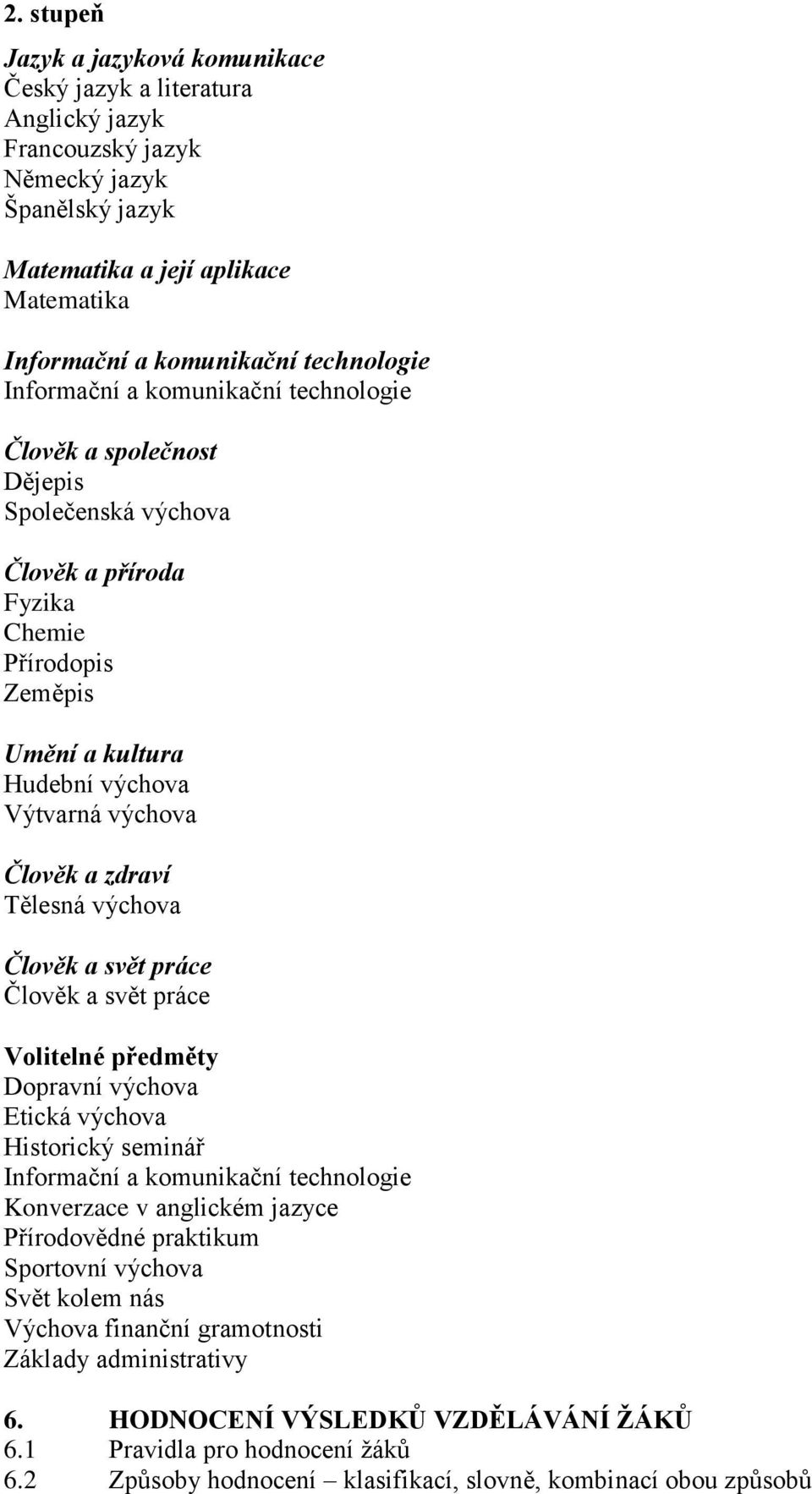Člověk a zdraví Tělesná výchova Člověk a svět práce Člověk a svět práce Volitelné předměty Dopravní výchova Etická výchova Historický seminář Informační a komunikační technologie Konverzace v