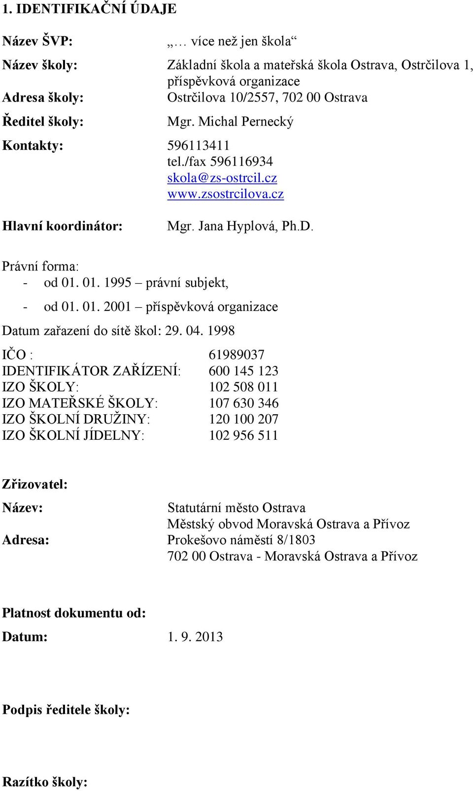 01. 1995 právní subjekt, - od 01. 01. 2001 příspěvková organizace Datum zařazení do sítě škol: 29. 04.