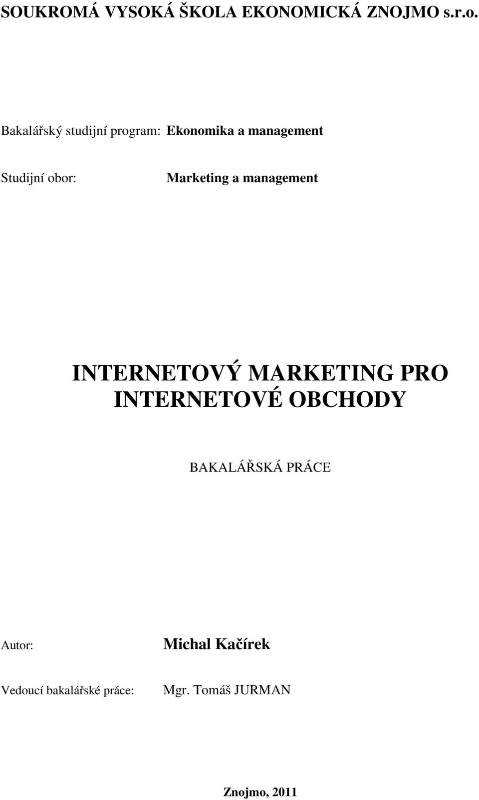 Marketing a management INTERNETOVÝ MARKETING PRO INTERNETOVÉ OBCHODY