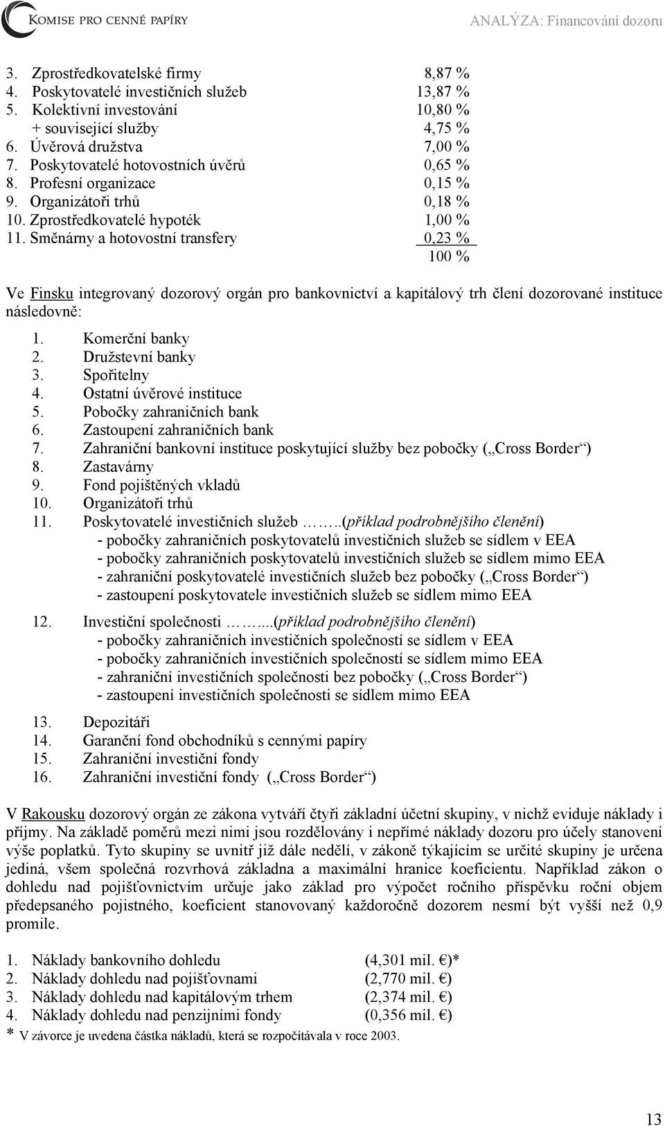 Směnárny a hotovostní transfery 0,23 % 100 % Ve Finsku integrovaný dozorový orgán pro bankovnictví a kapitálový trh člení dozorované instituce následovně: 1. Komerční banky 2. Družstevní banky 3.