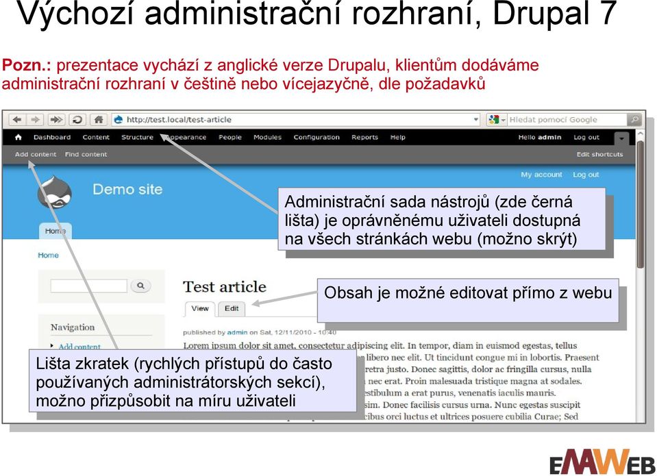 vícejazyčně, dle požadavků Administrační sada nástrojů (zde černá lišta) je oprávněnému uživateli dostupná na