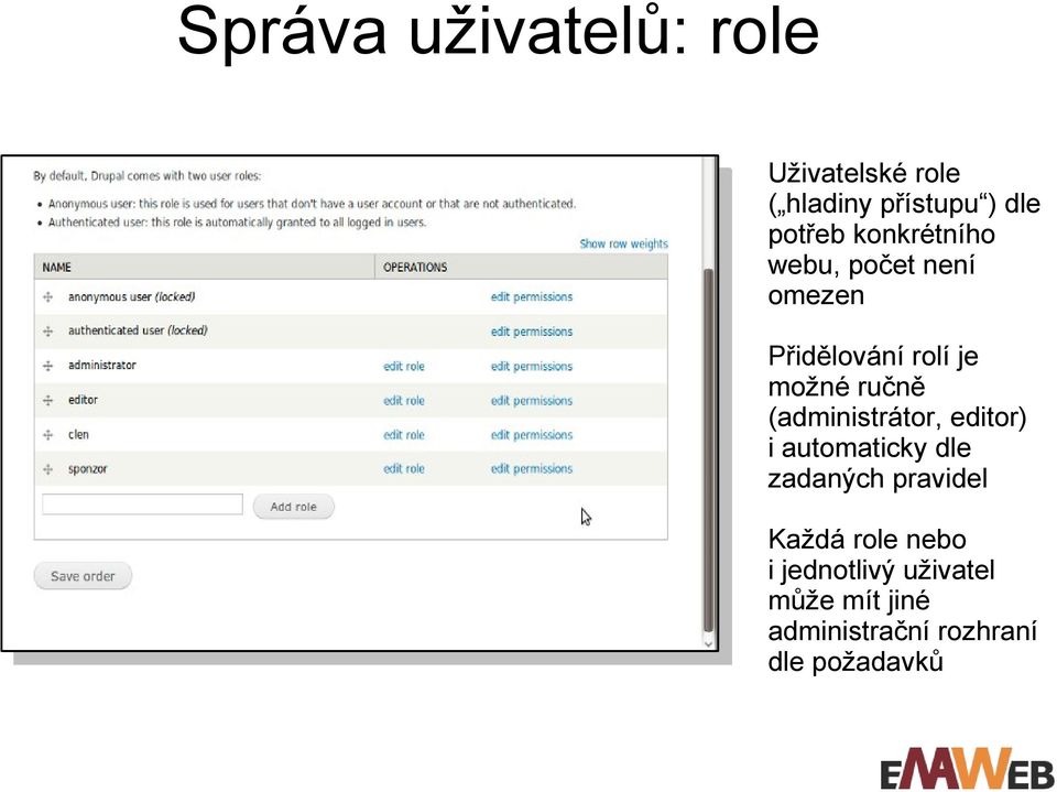 (administrátor, editor) i automaticky dle zadaných pravidel Každá role