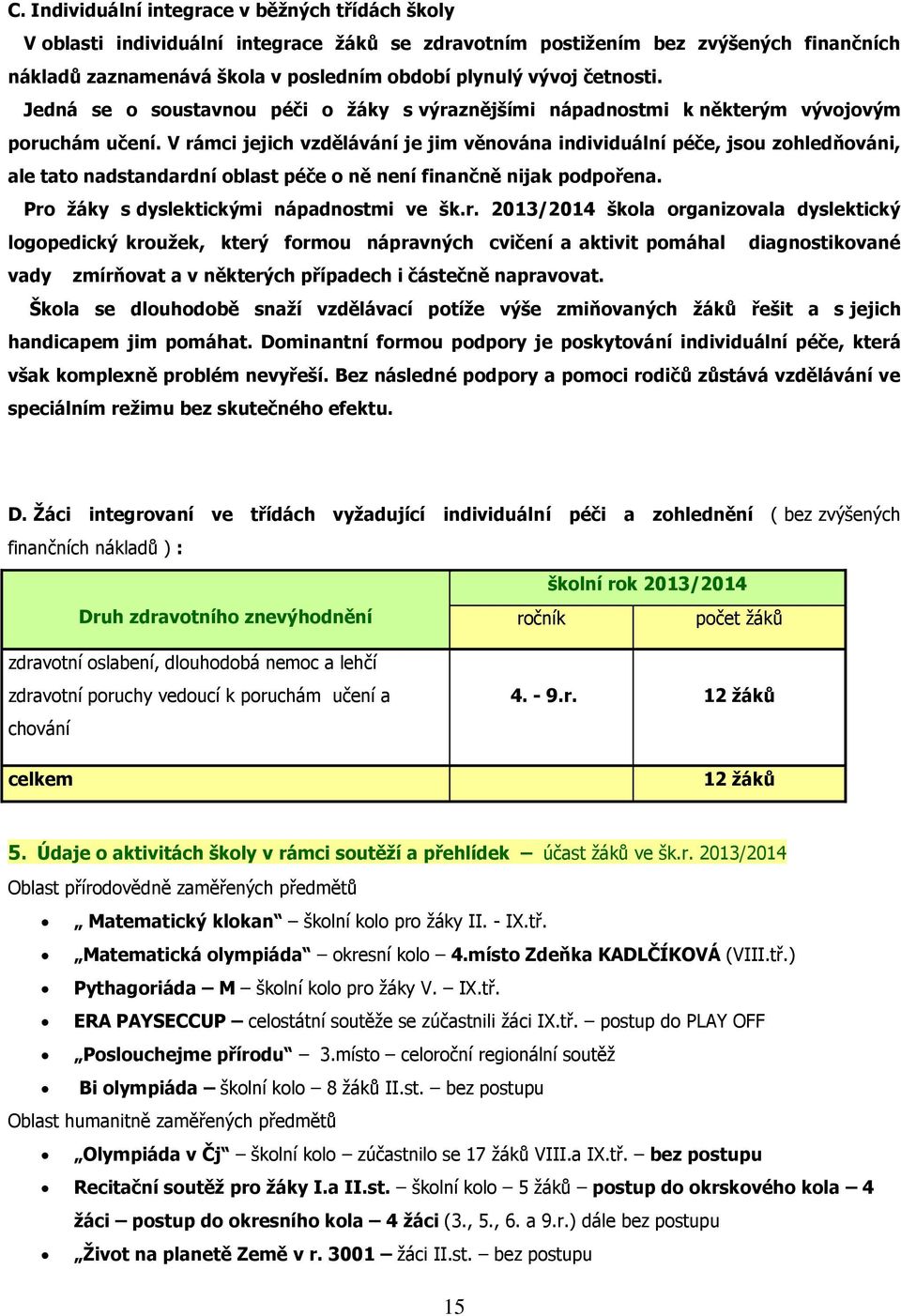 V rámci jejich vzdělávání je jim věnována individuální péče, jsou zohledňováni, ale tato nadstandardní oblast péče o ně není finančně nijak podpořena. Pro ţáky s dyslektickými nápadnostmi ve šk.r. 2013/2014 škola organizovala dyslektický logopedický krouţek, který formou nápravných cvičení a aktivit pomáhal diagnostikované vady zmírňovat a v některých případech i částečně napravovat.