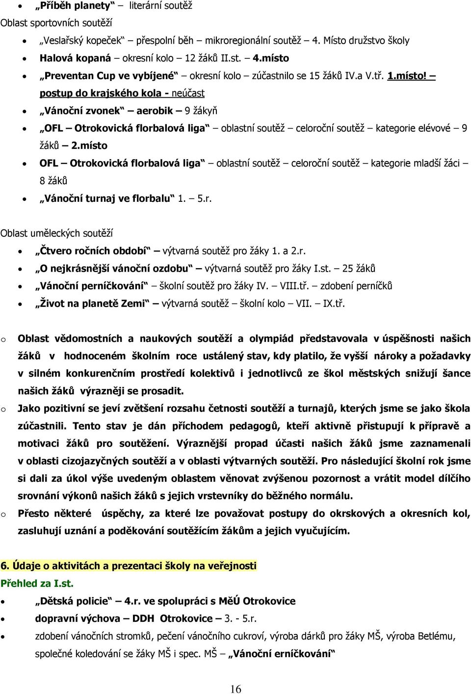 místo OFL Otrokovická florbalová liga oblastní soutěţ celoroční soutěţ kategorie mladší ţáci 8 ţáků Vánoční turnaj ve florbalu 1. 5.r. Oblast uměleckých soutěţí Čtvero ročních období výtvarná soutěţ pro ţáky 1.