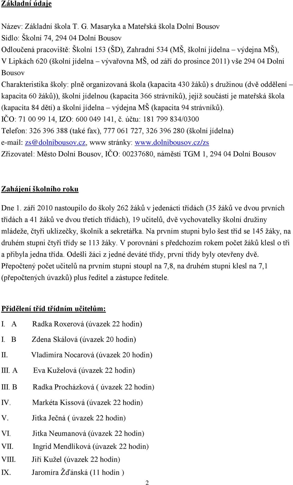 vývařovna MŠ, od září do prosince 2011) vše 294 04 Dolní Bousov Charakteristika školy: plně organizovaná škola (kapacita 430 žáků) s družinou (dvě oddělení kapacita 60 žáků)), školní jídelnou