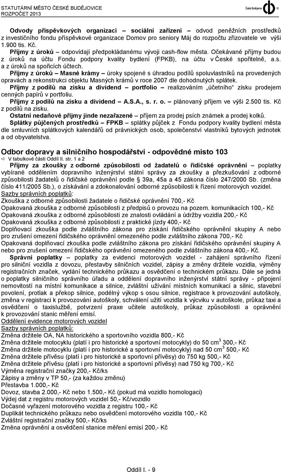 Očekávané příjmy budou z úroků na účtu Fondu podpory kvality bydlení (FPKB), na účtu v České spořitelně, a.s. a z úroků na spořicích účtech.