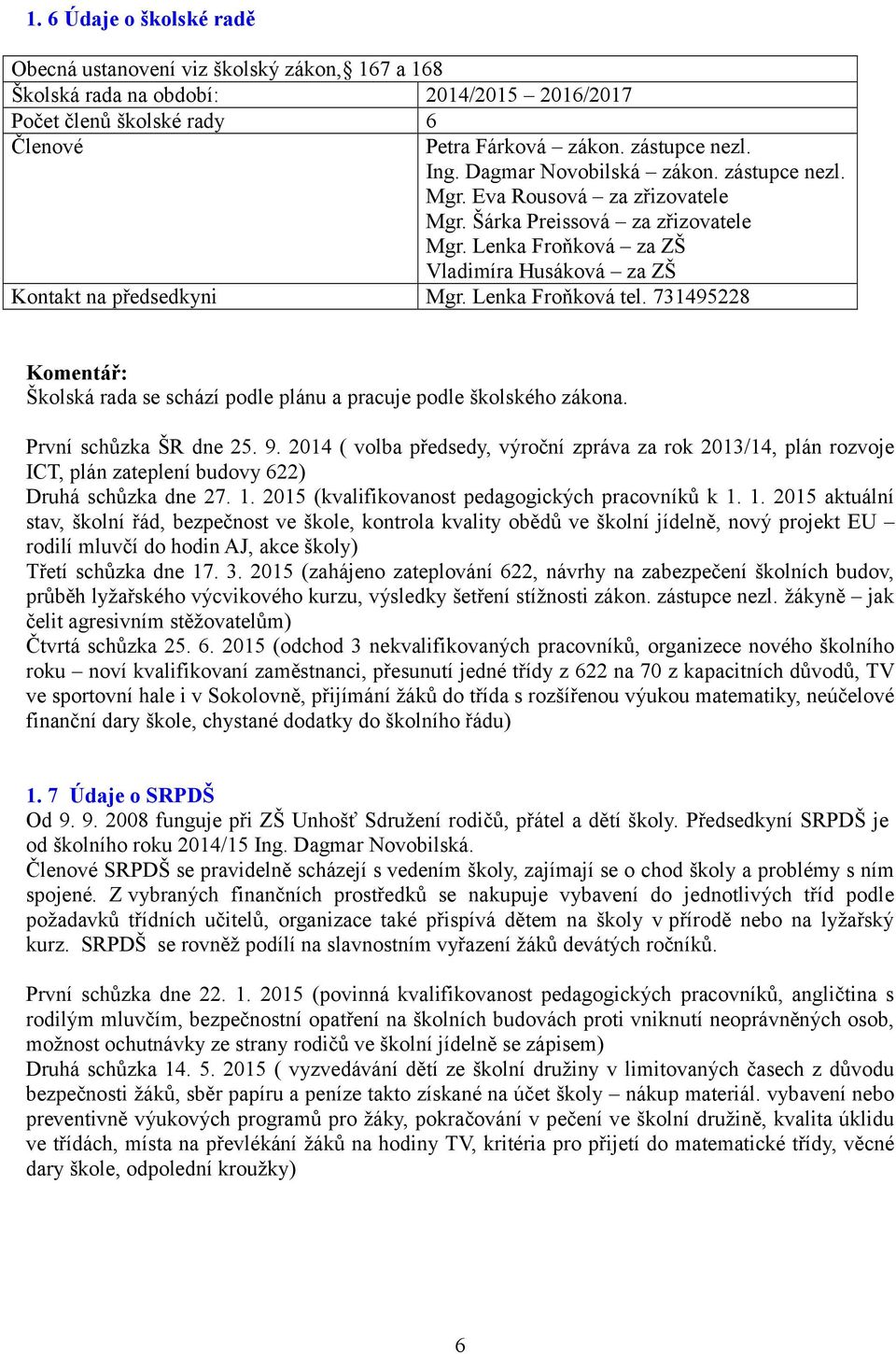 Lenka Froňková tel. 731495228 Komentář: Školská rada se schází podle plánu a pracuje podle školského zákona. První schůzka ŠR dne 25. 9.