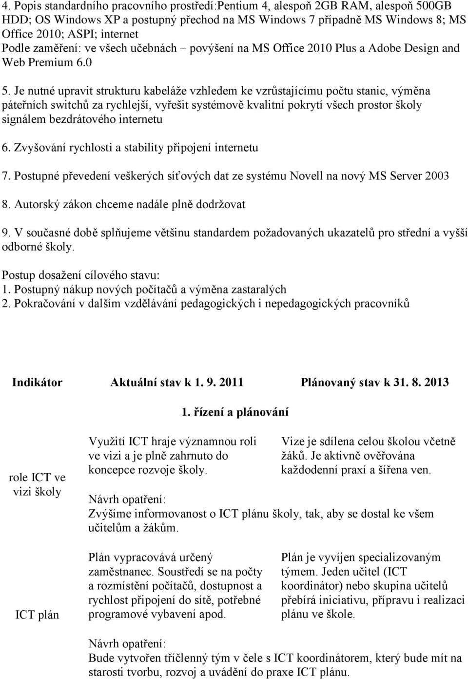 Je nutné upravit strukturu kabeláže vzhledem ke vzrůstajícímu počtu stanic, výměna páteřních switchů za rychlejší, vyřešit systémově kvalitní pokrytí všech prostor školy signálem bezdrátového