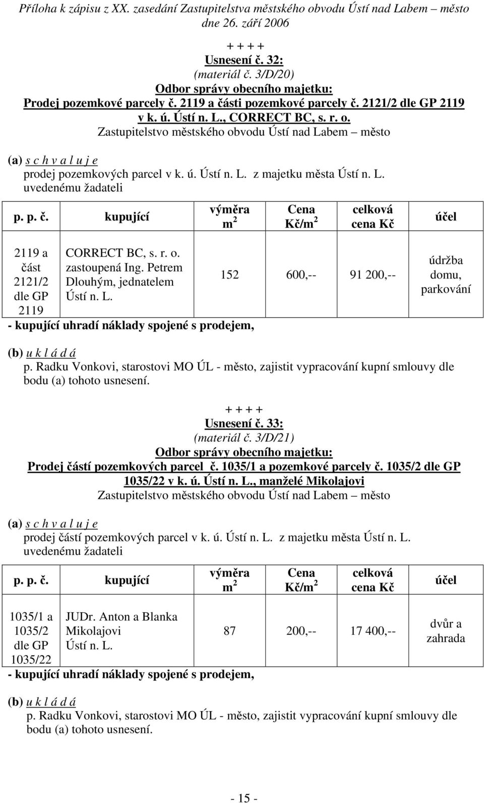2119 - kupující uhradí náklady spojené s prodejem, údržba domu, parkování p. Radku Vonkovi, starostovi MO ÚL - město, zajistit vypracování kupní smlouvy dle Usnesení č. 33: (materiál č.