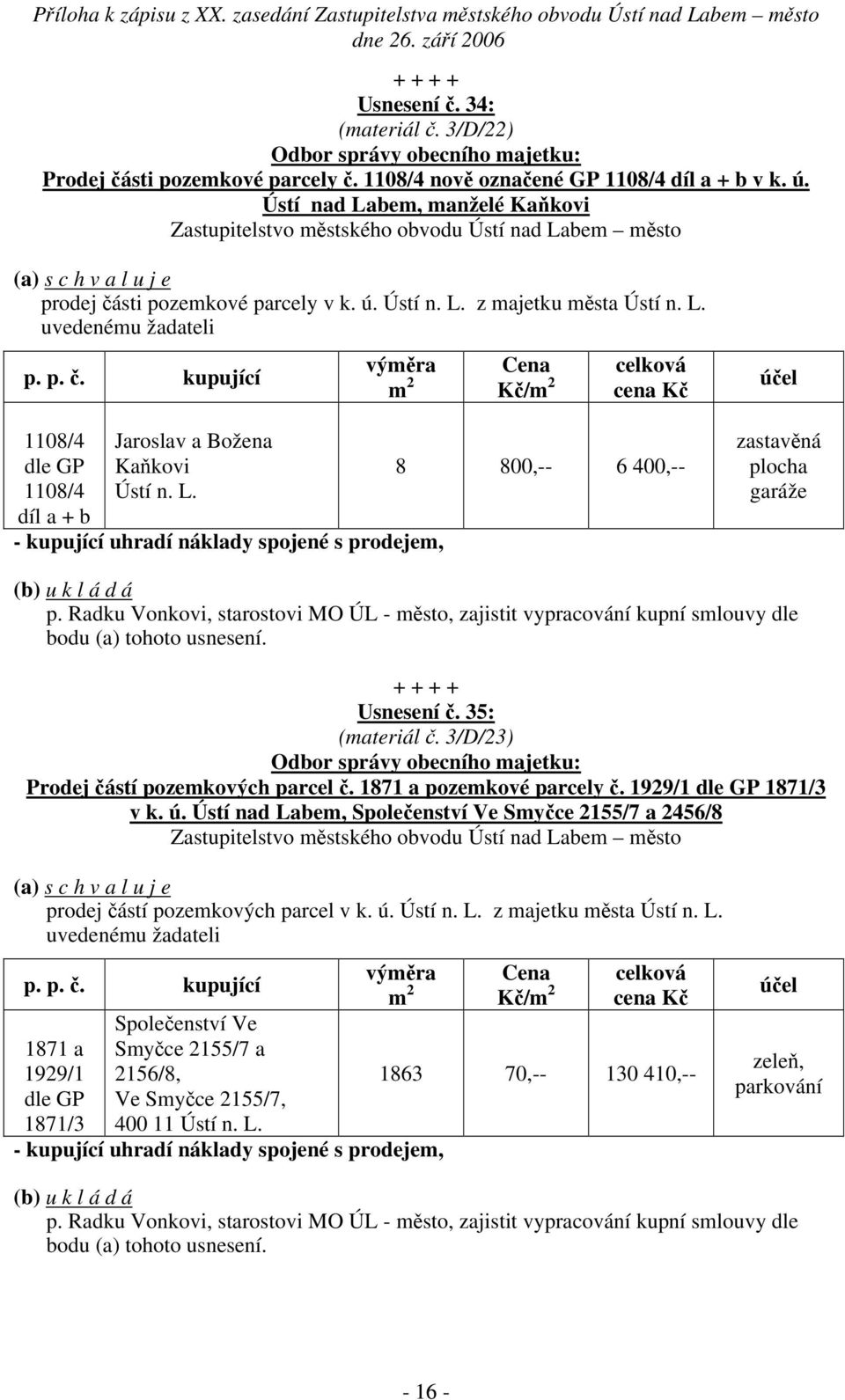 díl a + b - kupující uhradí náklady spojené s prodejem, zastavěná plocha garáže p. Radku Vonkovi, starostovi MO ÚL - město, zajistit vypracování kupní smlouvy dle Usnesení č. 35: (materiál č.