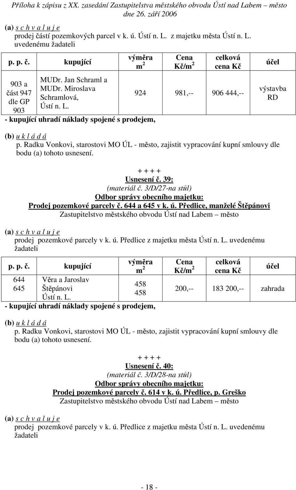 Radku Vonkovi, starostovi MO ÚL - město, zajistit vypracování kupní smlouvy dle Usnesení č. 39: (materiál č. 3/D/27-na stůl) Prodej pozemkové parcely č. 644 a 645 v k. ú.