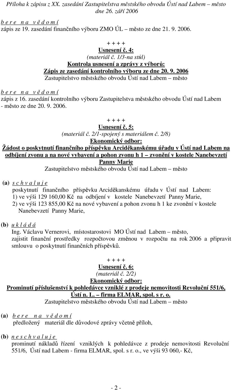 zasedání kontrolního výboru Zastupitelstva městského obvodu Ústí nad Labem - město ze dne 20. 9. 2006. Usnesení č. 5: (materiál č. 2/1-spojený s materiálem č.