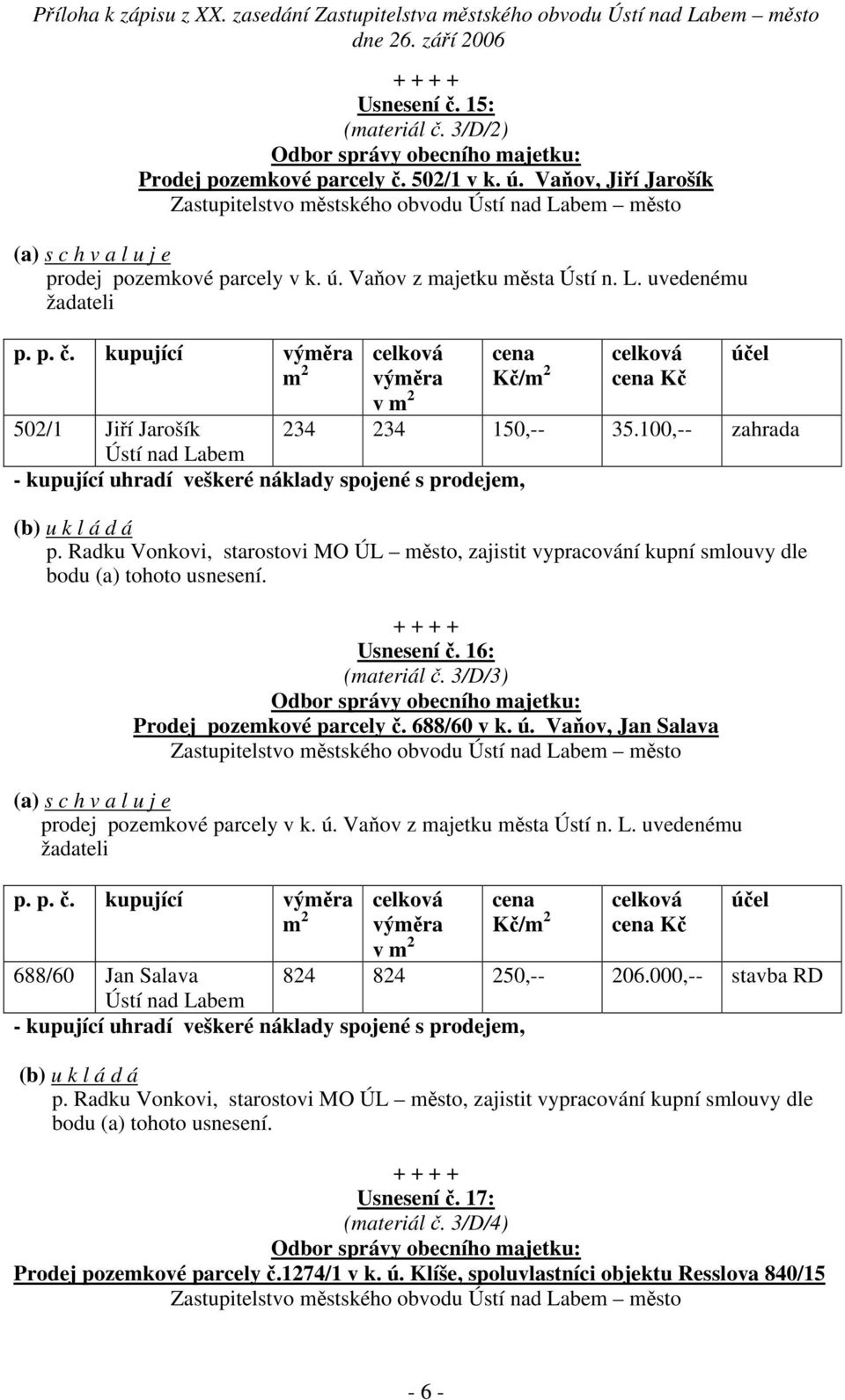 Vaňov, Jan Salava prodej pozemkové parcely v k. ú. Vaňov z majetku města Ústí n. L. uvedenému žadateli p. p. č. kupující v Kč 688/60 Jan Salava 824 824 250,-- 206.000,-- stavba RD Ústí nad Labem p.