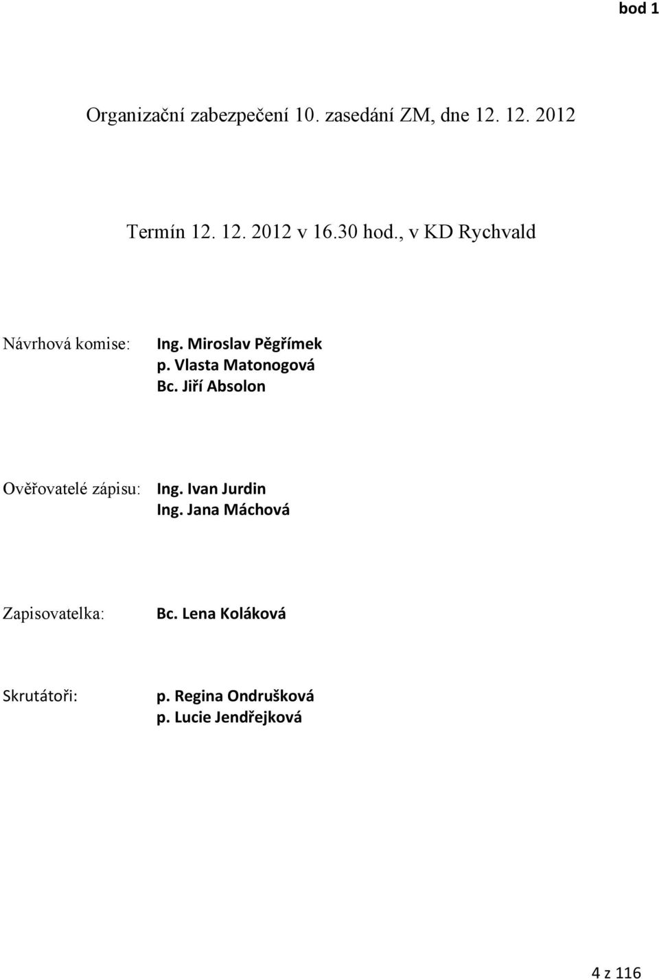 Vlasta Matonogová Bc. Jiří Absolon Ověřovatelé zápisu: Ing. Ivan Jurdin Ing.