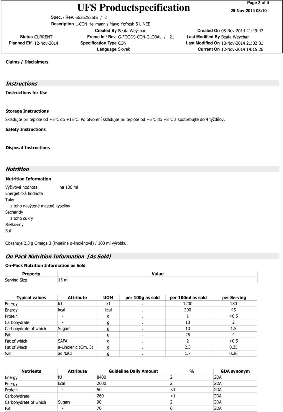 Instructions Disposal Instructions Nutrition Nutrition Information Výživová hodnota na 100 ml Energetická hodnota Tuky z toho nasýtené mastné kyseliny Sacharidy z toho cukry Bielkoviny Soľ Obsahuje