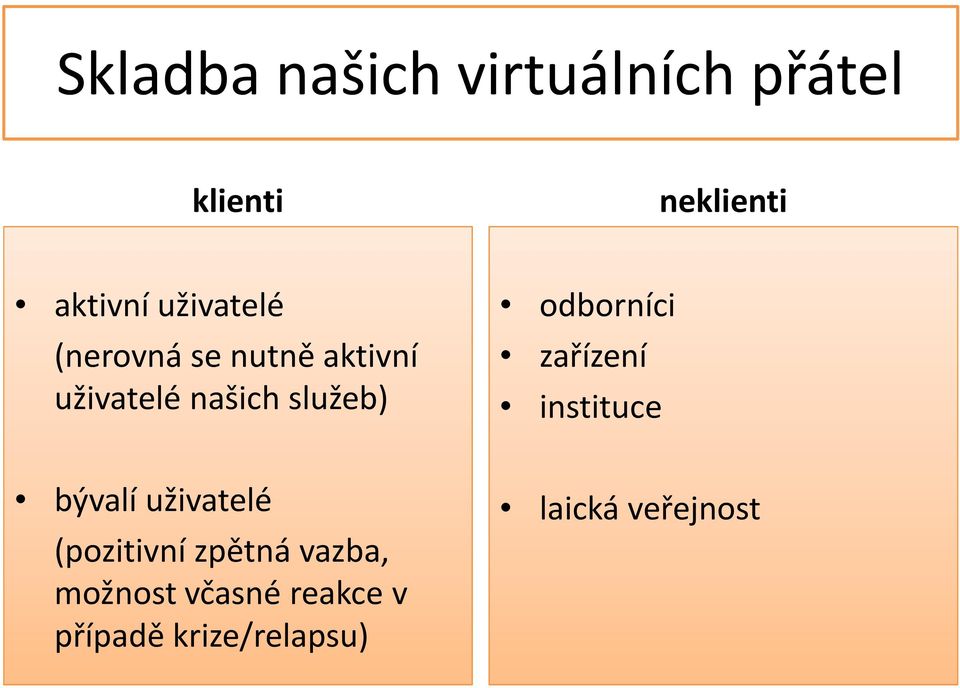 odborníci zařízení instituce bývalí uživatelé (pozitivní zpětná