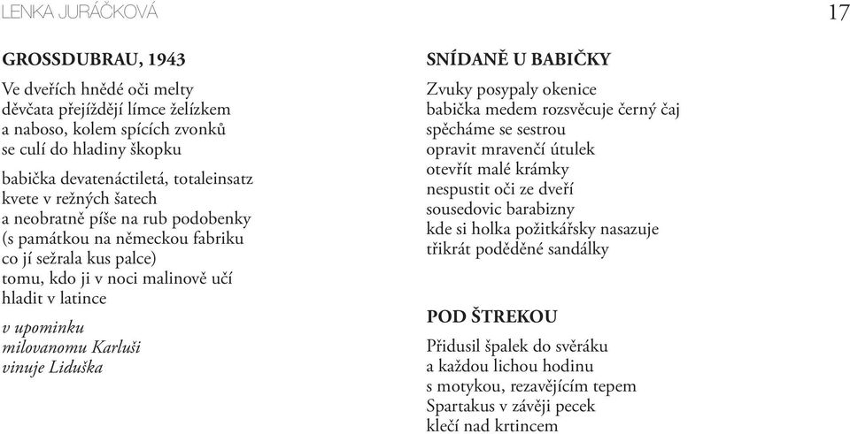 vinuje Liduška SNÍDANĚ U BABIČKY Zvuky posypaly okenice babička medem rozsvěcuje černý čaj spěcháme se sestrou opravit mravenčí útulek otevřít malé krámky nespustit oči ze dveří sousedovic