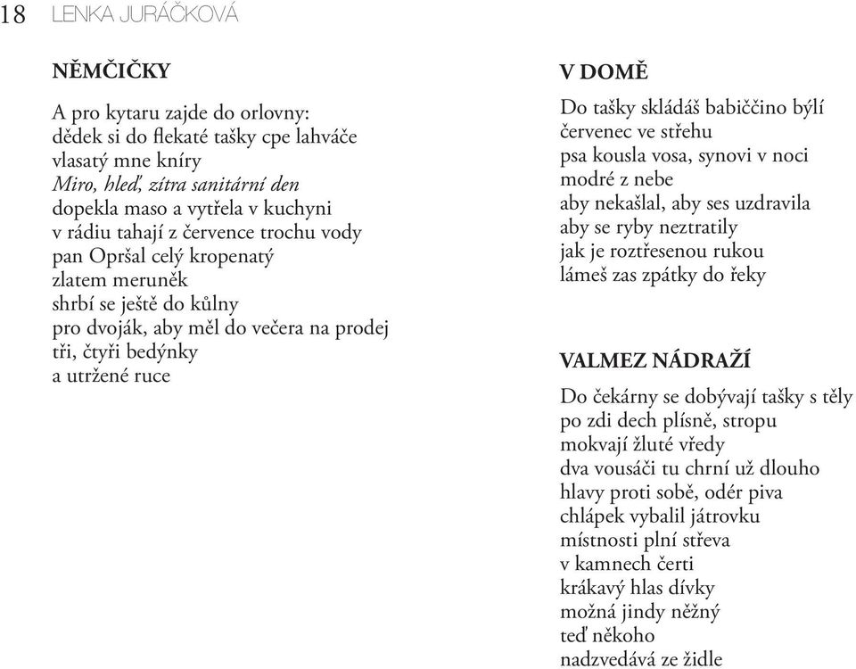 červenec ve střehu psa kousla vosa, synovi v noci modré z nebe aby nekašlal, aby ses uzdravila aby se ryby neztratily jak je roztřesenou rukou lámeš zas zpátky do řeky VALMEZ NÁDRAŽÍ Do čekárny se