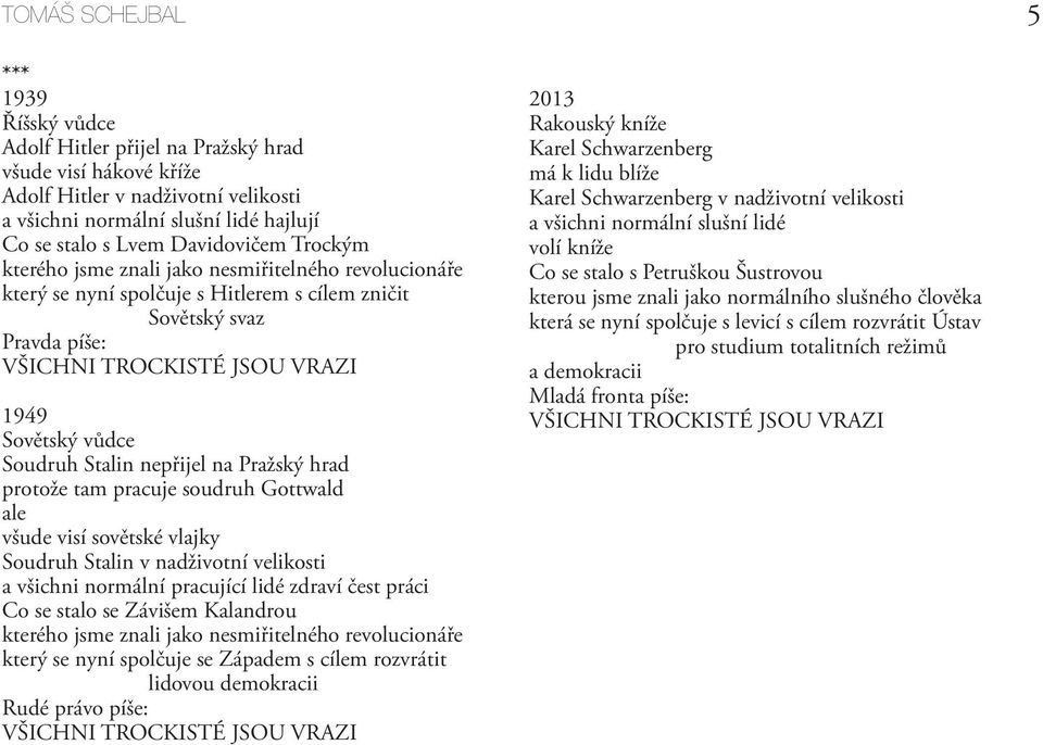 Soudruh Stalin nepřijel na Pražský hrad protože tam pracuje soudruh Gottwald ale všude visí sovětské vlajky Soudruh Stalin v nadživotní velikosti a všichni normální pracující lidé zdraví čest práci