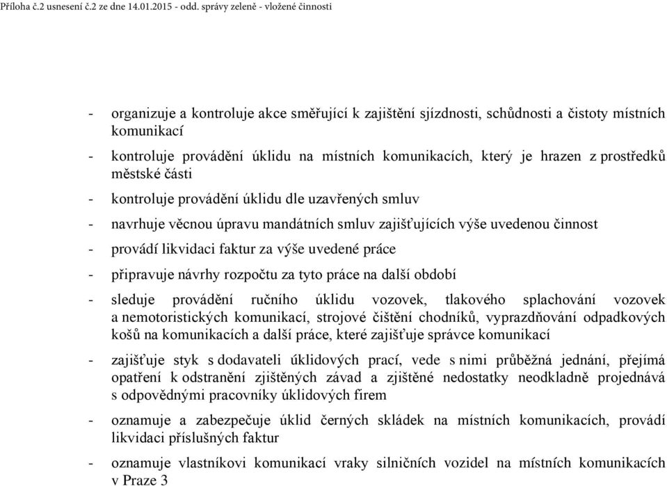 který je hrazen z prostředků městské části - kontroluje provádění úklidu dle uzavřených smluv - navrhuje věcnou úpravu mandátních smluv zajišťujících výše uvedenou činnost - provádí likvidaci faktur