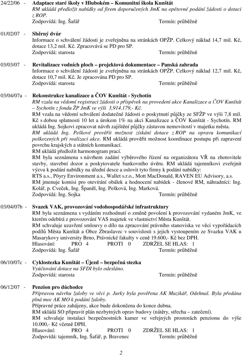 03/03/07 - Revitalizace vodních ploch projektová dokumentace Panská zahrada Informace o schválení žádosti je zveřejněna na stránkách OPŽP. Celkový náklad 12,7 mil. Kč, dotace 10,7 mil. Kč. Je zpracována PD pro SP.