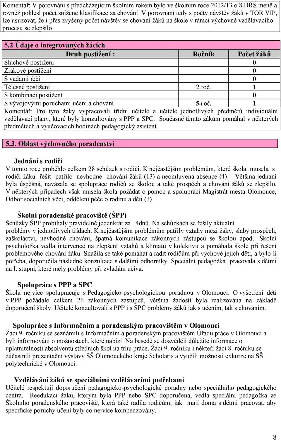 2 Údaje o integrovaných ţácích Druh postiţení : Ročník Počet ţáků Sluchové postiţení 0 Zrakové postiţení 0 S vadami řeči 0 Tělesné postiţení 2.roč.