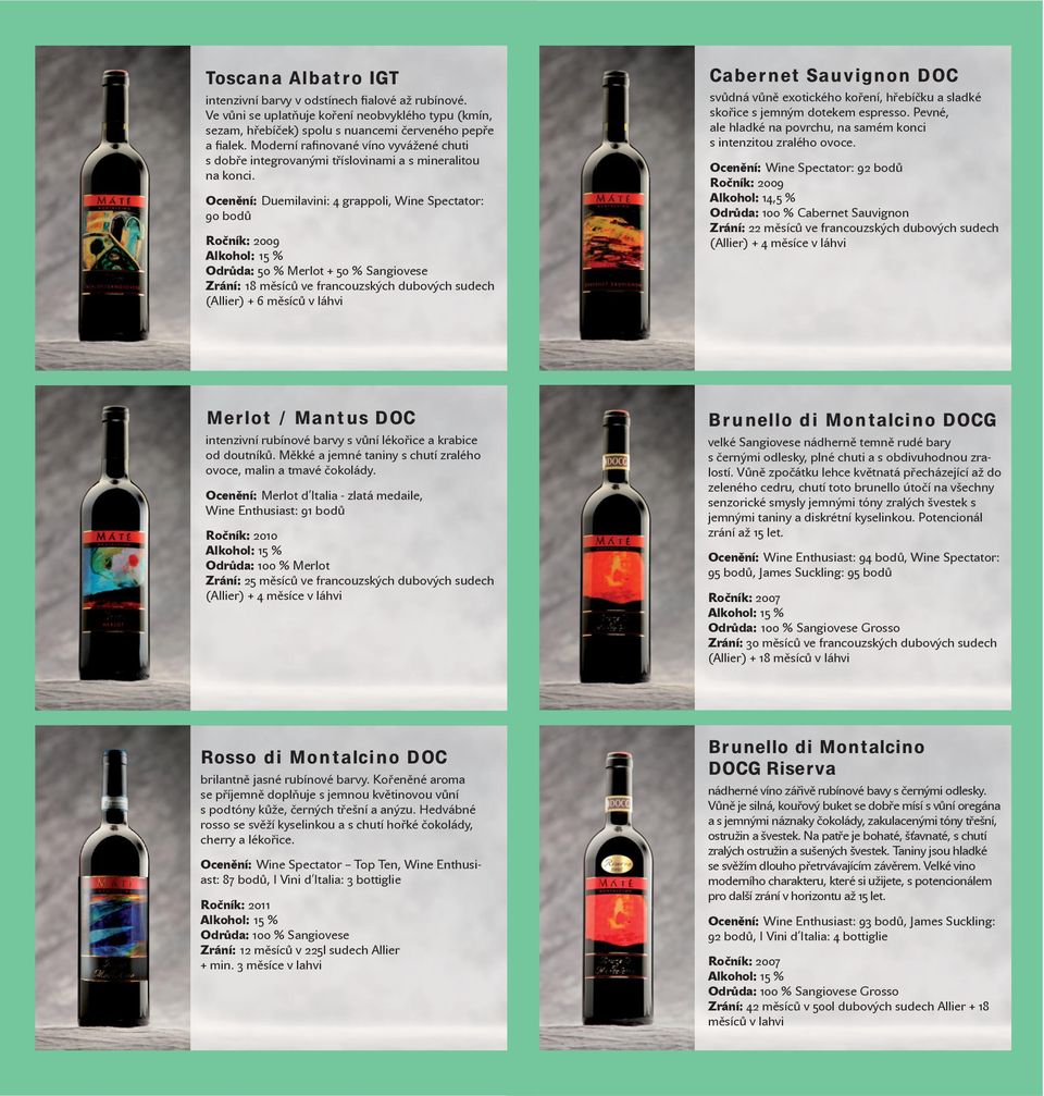 Ocen ní: Duemilavini: 4 grappoli, Wine Spectator: 90 bod Ro ník: 2009 Odr da: 50 % Merlot + 50 % Sangiovese Zrání: 18 m síc ve francouzských dubových sudech (Allier) + 6 m síc v láhvi Caber net