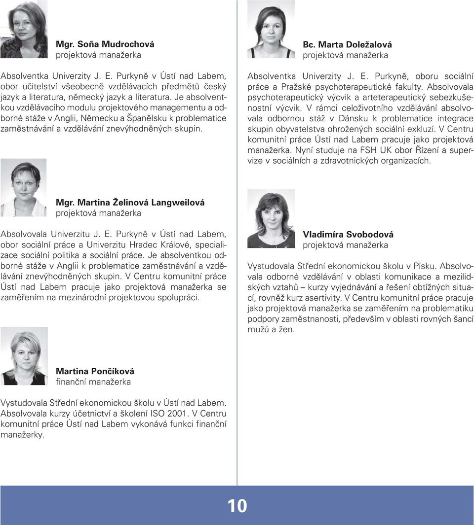 Marta Doležalová projektová manažerka Absolventka Univerzity J. E. Purkyně, oboru sociální práce a Pražské psychoterapeutické fakulty.