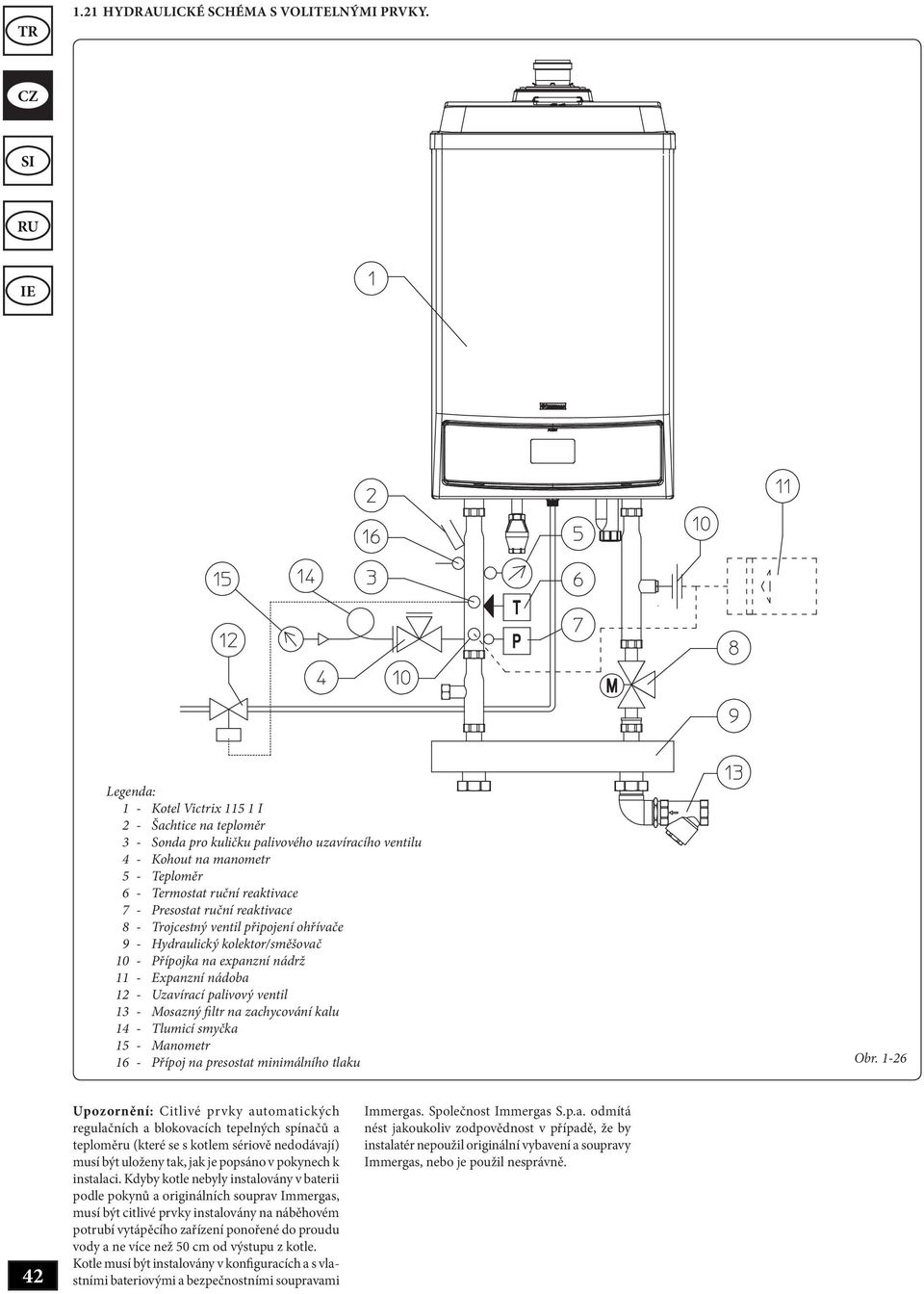 reaktivace 8 - Trojcestný ventil připojení ohřívače 9 - Hydraulický kolektor/směšovač 10 - Přípojka na expanzní nádrž 11 - Expanzní nádoba 12 - Uzavírací palivový ventil 13 - Mosazný filtr na