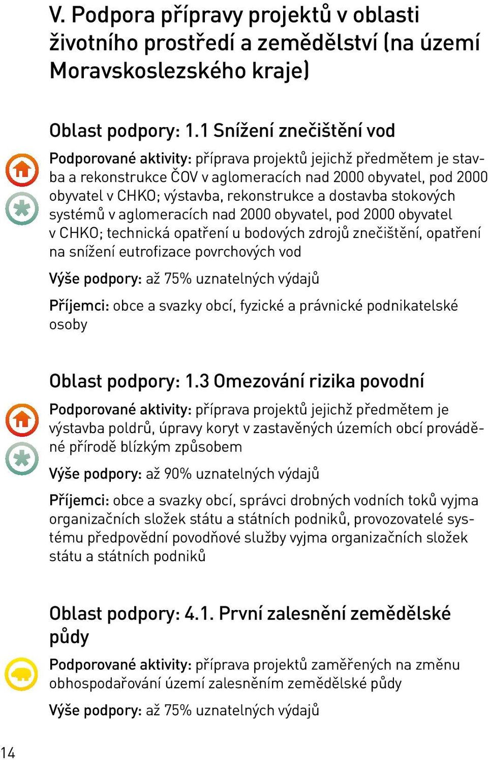 dostavba stokových systémů v aglomeracích nad 2000 obyvatel, pod 2000 obyvatel v CHKO; technická opatření u bodových zdrojů znečištění, opatření na snížení eutrofizace povrchových vod Výše podpory: