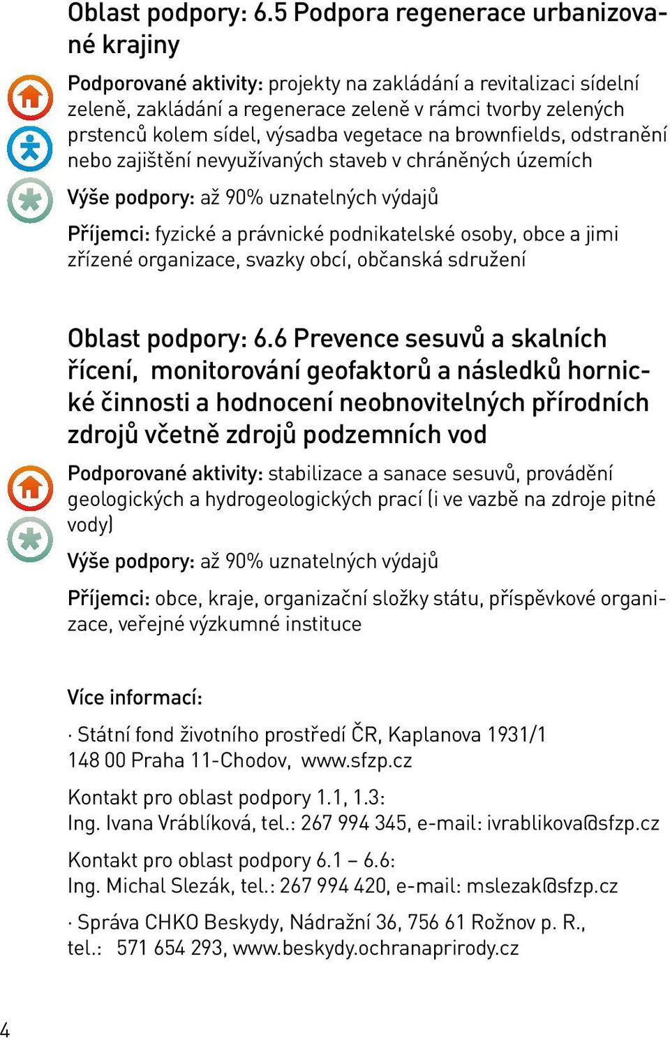 výsadba vegetace na brownfields, odstranění nebo zajištění nevyužívaných staveb v chráněných územích Výše podpory: až 90% uznatelných výdajů Příjemci: fyzické a právnické podnikatelské osoby, obce a