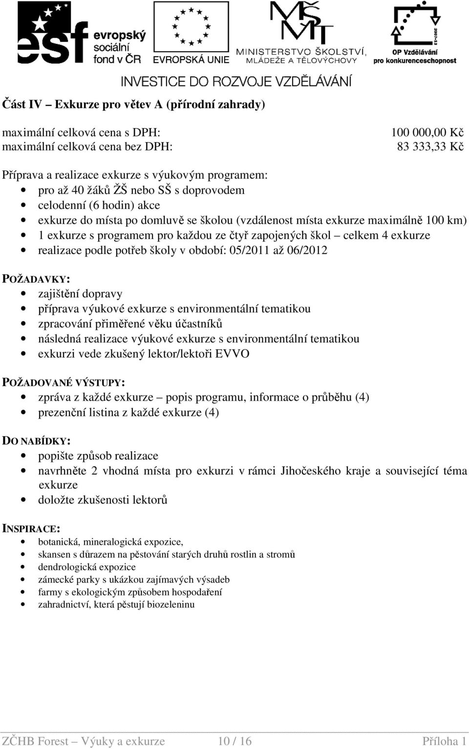 4 exkurze realizace podle potřeb školy v období: 05/2011 až 06/2012 POŽADAVKY: zajištění dopravy příprava výukové exkurze s environmentální tematikou zpracování přiměřené věku účastníků následná