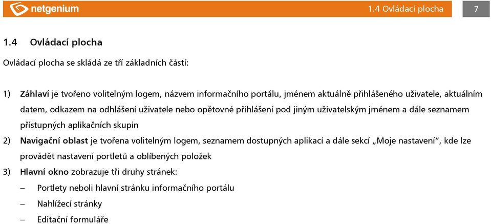 přihlášeného uživatele, aktuálním datem, odkazem na odhlášení uživatele nebo opětovné přihlášení pod jiným uživatelským jménem a dále seznamem přístupných