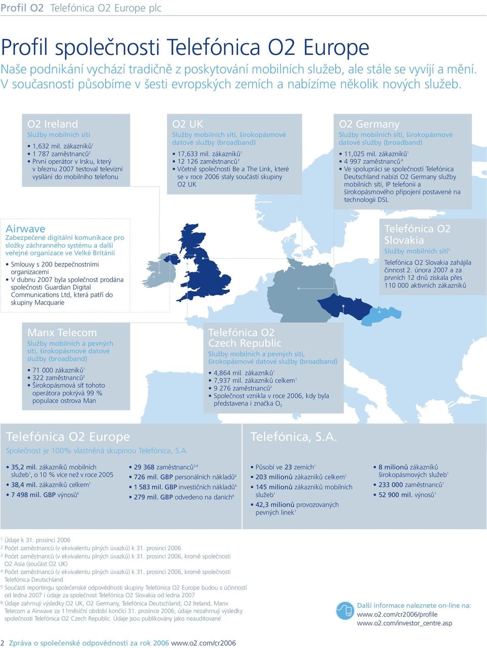 zákazníků 1 1 787 zaměstnanců 2 První operátor v Irsku, který v březnu 2007 testoval televizní vysílání do mobilního telefonu O2 UK Služby mobilních sítí, širokopásmové datové služby (broadband)