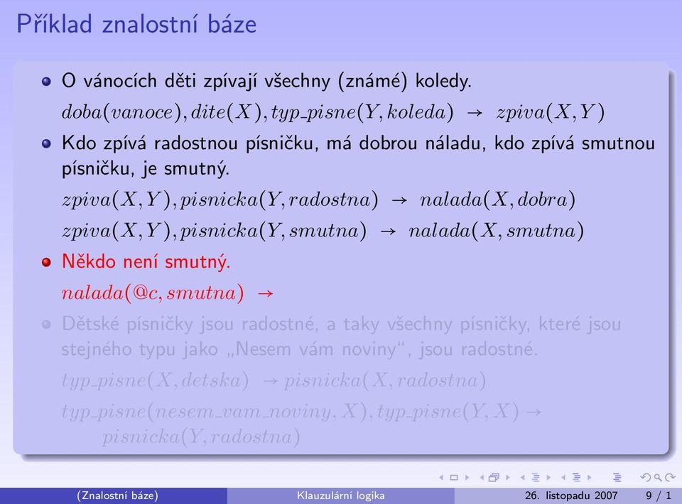 zpiva(x, Y ), pisnicka(y, radostna) nalada(x, dobra) zpiva(x, Y ), pisnicka(y, smutna) nalada(x, smutna) Někdo není smutný.