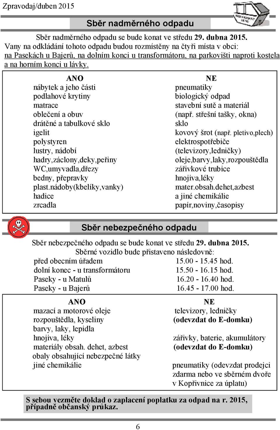 ANO NE nábytek a jeho části pneumatiky podlahové krytiny biologický odpad matrace stavební sutě a materiál oblečení a obuv (např.