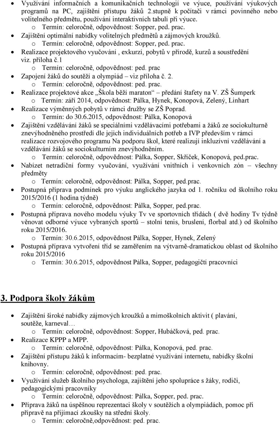 Zajištění optimální nabídky volitelných předmětů a zájmových kroužků. o Termín: celoročně, odpovědnost: Sopper, ped. prac.