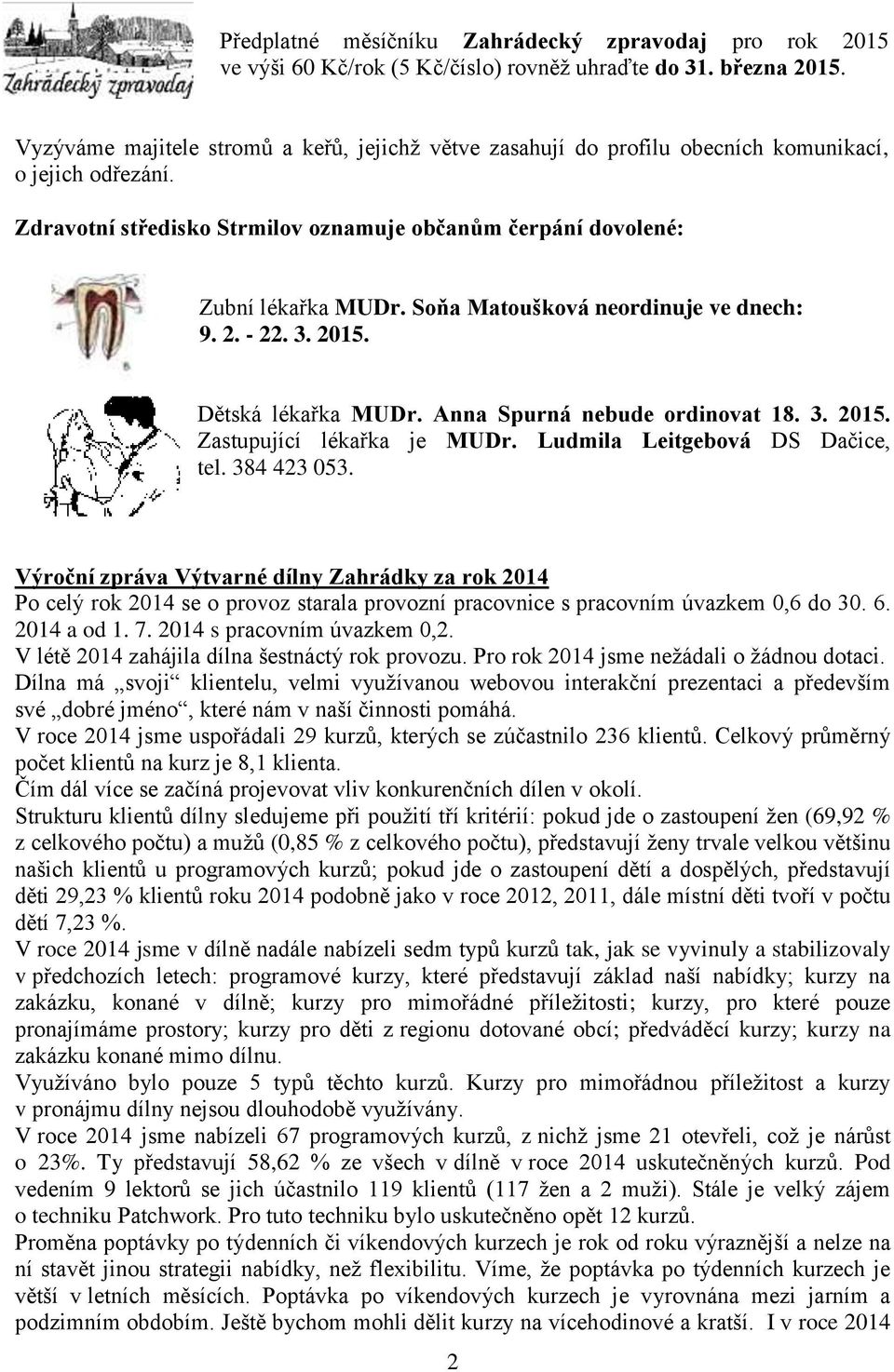 Soňa Matoušková neordinuje ve dnech: 9. 2. - 22. 3. 2015. Dětská lékařka MUDr. Anna Spurná nebude ordinovat 18. 3. 2015. Zastupující lékařka je MUDr. Ludmila Leitgebová DS Dačice, tel. 384 423 053.