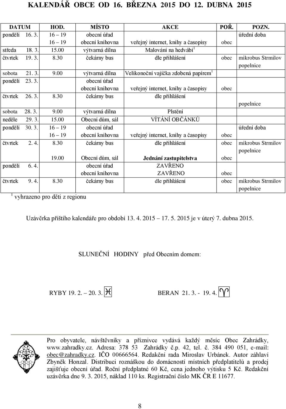 30 čekárny bus dle přihlášení obec mikrobus Strmilov popelnice sobota 21. 3. 9.00 výtvarná dílna Velikonoční vajíčka zdobená papírem 1 pondělí 23. 3. obecní úřad obecní knihovna veřejný internet, knihy a časopisy obec čtvrtek 26.