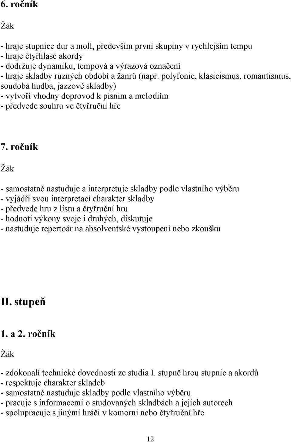 ročník - samostatně nastuduje a interpretuje skladby podle vlastního výběru - vyjádří svou interpretací charakter skladby - předvede hru z listu a čtyřruční hru - hodnotí výkony svoje i druhých,