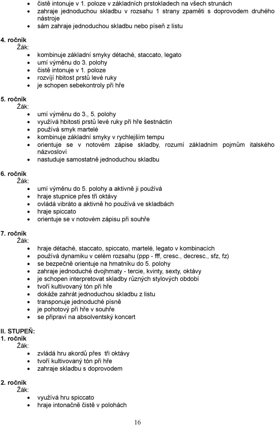 ročník kombinuje základní smyky détaché, staccato, legato umí výměnu do 3. polohy  poloze rozvíjí hbitost prstů levé ruky je schopen sebekontroly při hře 5. ročník umí výměnu do 3., 5.