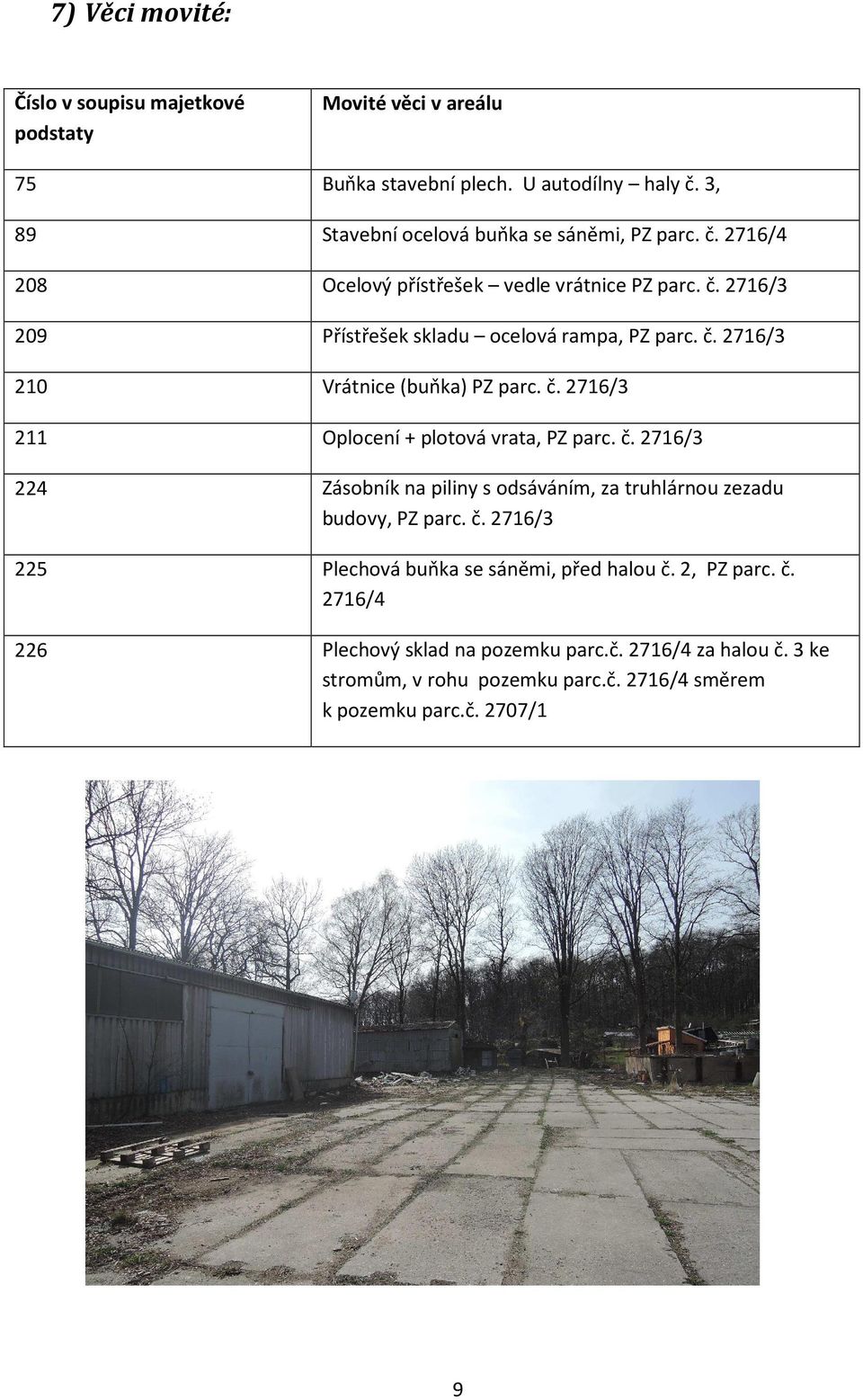 č. 2716/3 224 Zásobník na piliny s odsáváním, za truhlárnou zezadu budovy, PZ parc. č. 2716/3 225 Plechová buňka se sáněmi, před halou č. 2, PZ parc. č. 2716/4 226 Plechový sklad na pozemku parc.