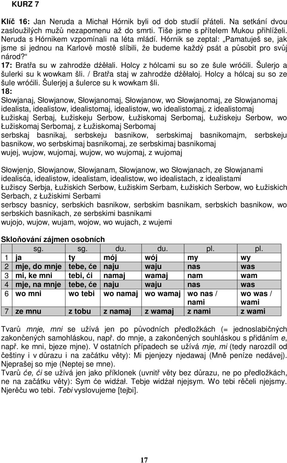 17: Bratřa su w zahrodźe dźěłali. Holcy z hólcami su so ze šule wróćili. Šulerjo a šulerki su k wowkam šli. / Bratřa staj w zahrodźe dźěłałoj. Holcy a hólcaj su so ze šule wróćili.