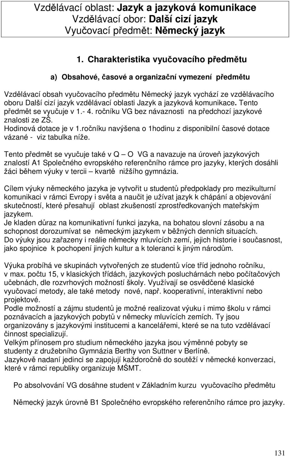 a jazyková komunikace. Tento pedmt se vyuuje v 1.- 4. roníku VG bez návaznosti na pedchozí jazykové znalosti ze ZŠ. Hodinová dotace je v 1.