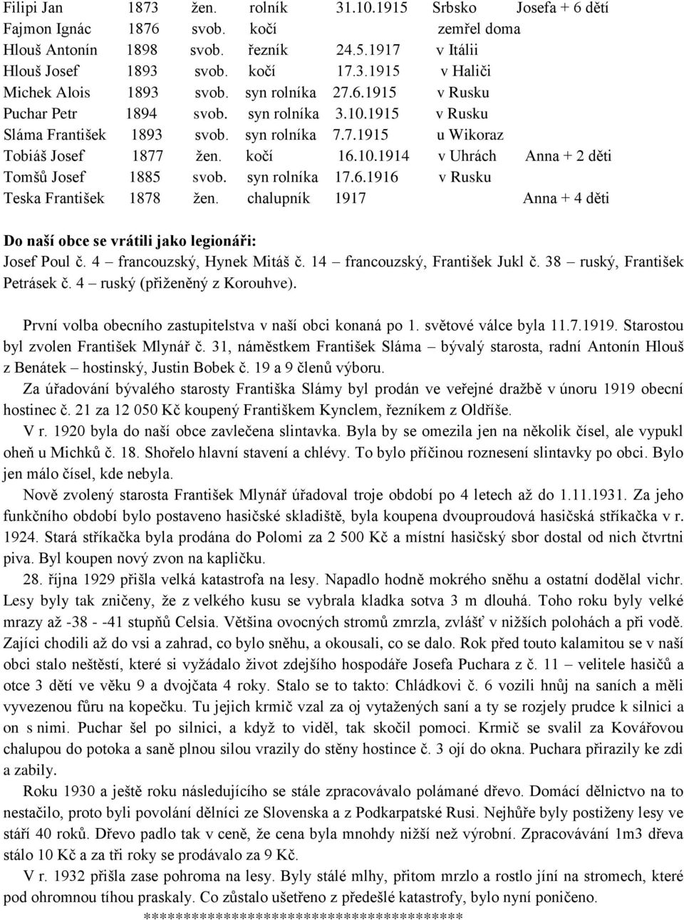 syn rolníka 17.6.1916 v Rusku Teska František 1878 žen. chalupník 1917 Anna + 4 děti Do naší obce se vrátili jako legionáři: Josef Poul č. 4 francouzský, Hynek Mitáš č.